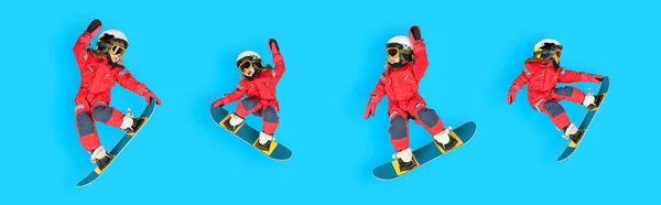 Zimowy wypoczynek. Kolaż czterech aktywnych skoków dziewczynki na snowboardzie. — Zdjęcie stockowe