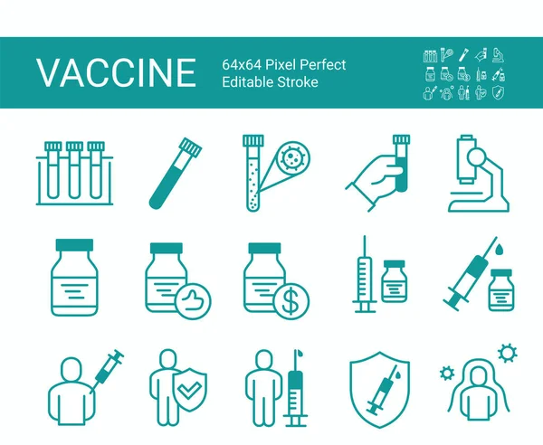 Set di icone per la vaccinazione. Iniezione. 64x64 Pixel Perfetto. Colpo modificabile. — Vettoriale Stock