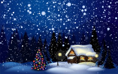 Yılbaşı sahnesi, Noel gecesi kar yağışı. Harikalar Diyarı 'nda Noel ağacı olan küçük bir ev..