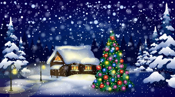 Διάνυσμα φόντο Χριστούγεννα με μικρό σπίτι και χριστουγεννιάτικο δέντρο. Χιονίζει παραμονή Χριστουγέννων. — Διανυσματικό Αρχείο