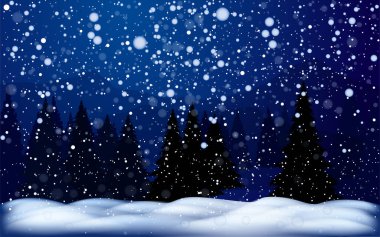 Vector noel kış geçmişi. Köknar ağaçları, kozalaklı ormanlar, yağan karlarla dolu bir gece..