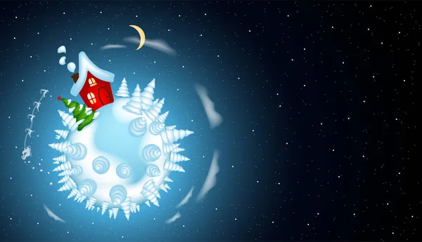 Fondo vectorial navideño con casita roja en un planeta invernal en el espacio. Santa Claus montando en un trineo con renos. — Vector de stock