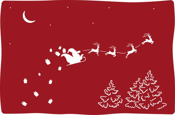 Plantilla con santa en el cielo para corte por láser. Contorno de Santa Claus volando con renos con regalos. — Vector de stock