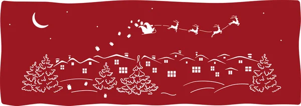 Template met stad en santa voor laser cut. Doodle illustratie van kleine stad 's nachts met de kerstman in de lucht. — Stockvector