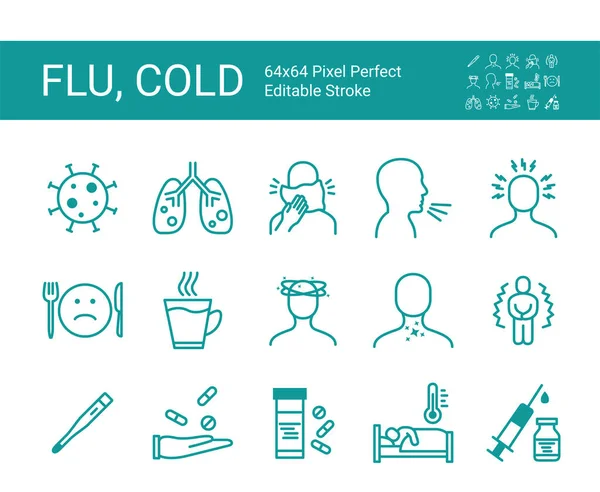 Vector icon set with flu and cold. Pneumonia. 64x64 Pixel Perfect. Editable Stroke. — Stock Vector