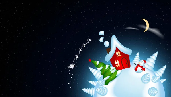 Tarjeta de Navidad vectorial con casita roja en un planeta de invierno. País de las maravillas noche de Navidad. — Vector de stock