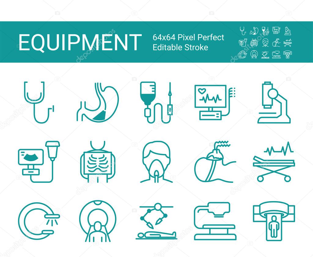 Set of icons of medical equipment. Stethoscope, Mri scanner, ultrasound, x-ray, endoscopy. Editable vector stroke. 64x64 Pixel Perfect.