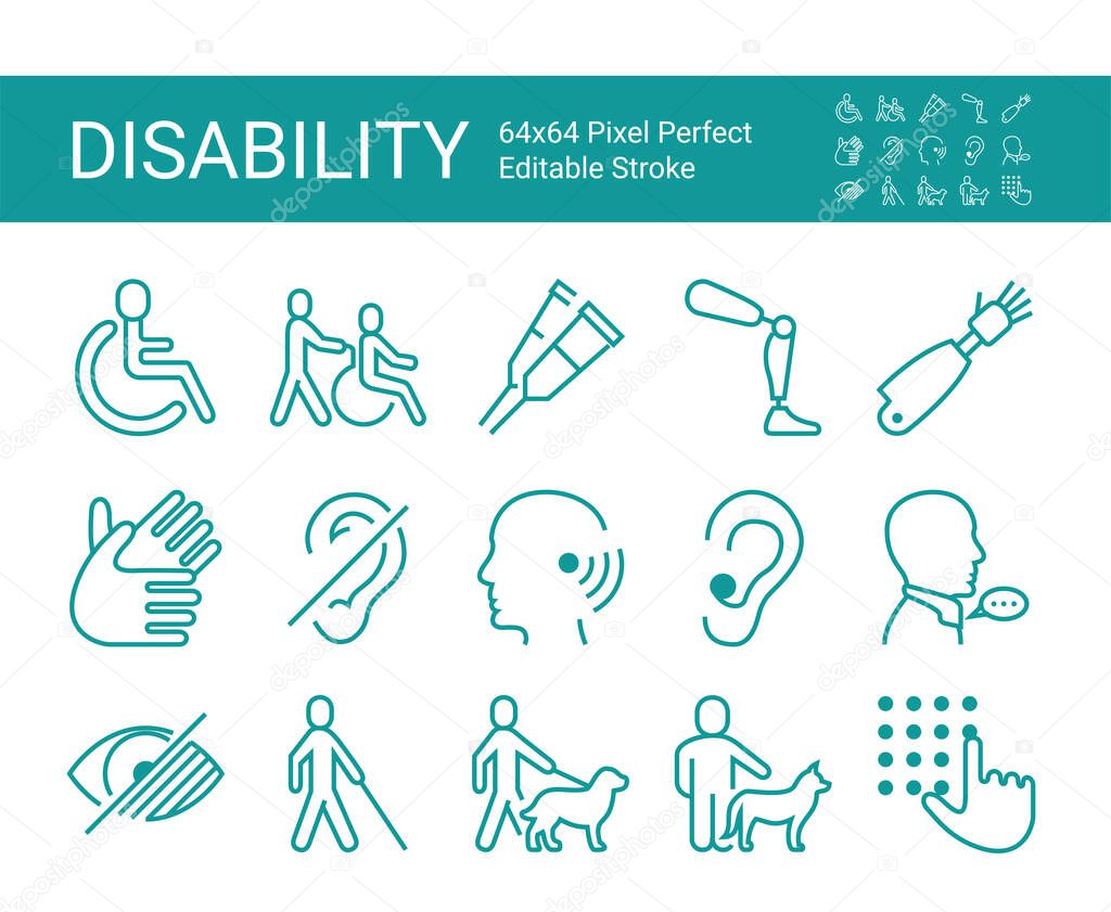Set of icons of disability. Editable vector stroke. 64x64 Pixel Perfect.