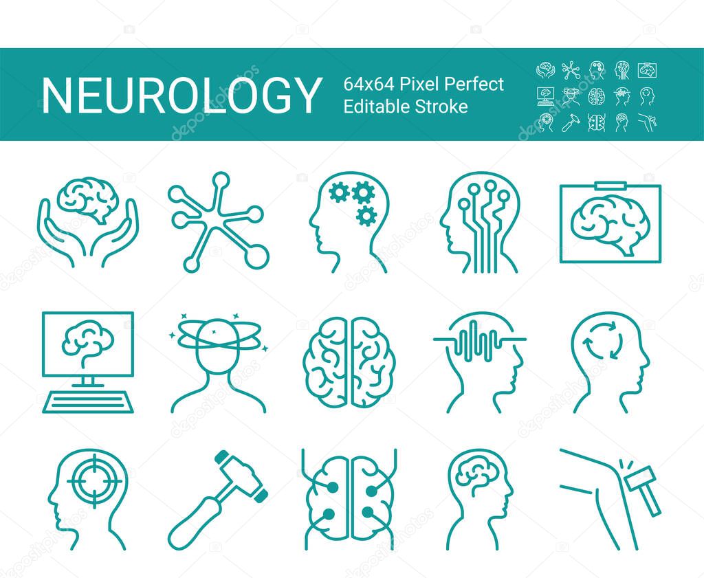 Set of icons of neurology. Vector icon as brain, neurologist, nervous system, nerves, equipment. Editable vector stroke. 64x64 Pixel Perfect.
