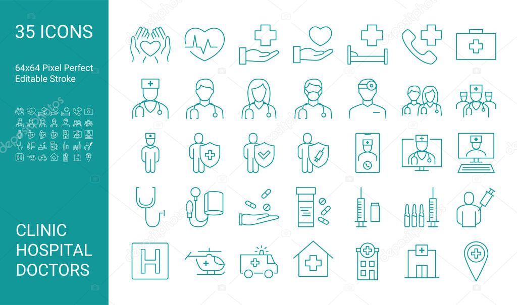 Set of line icons of doctor. Editable vector stroke. 64x64 Pixel Perfect.