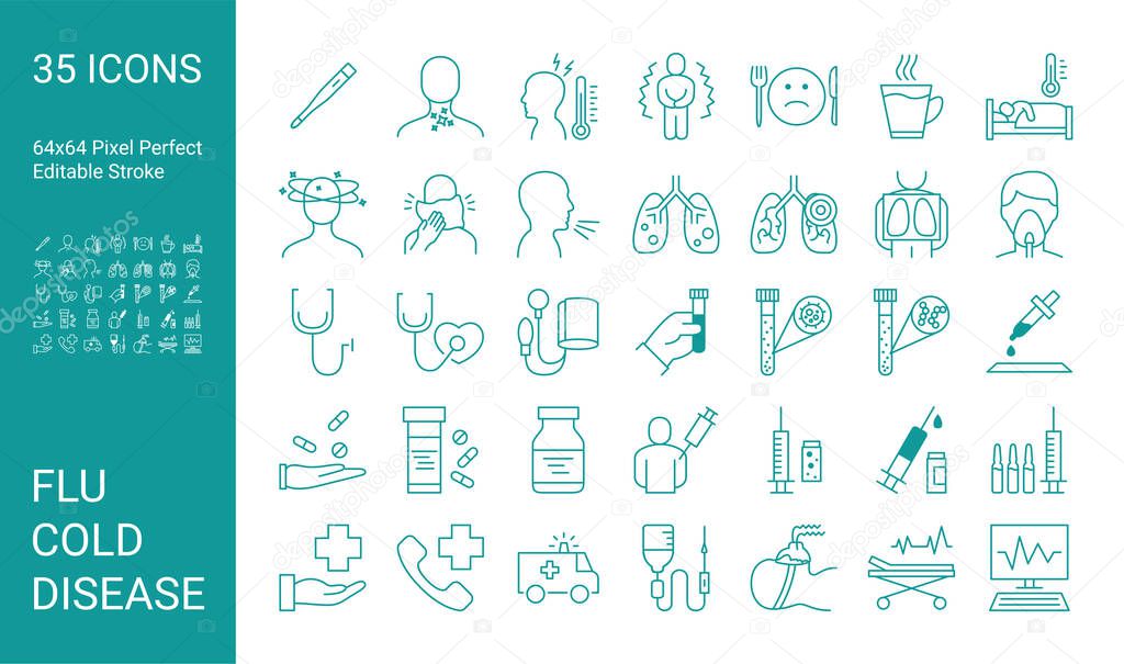 Vector icon set with flu and cold. Pneumonia. Disease. 64x64 Pixel Perfect. Editable Stroke.