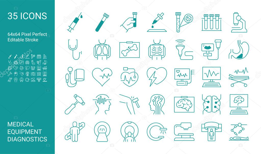 Set of icons of medical diagnostics and equipment. Stethoscope, Mri scanner, ultrasound, x-ray, endoscopy, tonometer. Editable vector stroke. 64x64 Pixel Perfect.