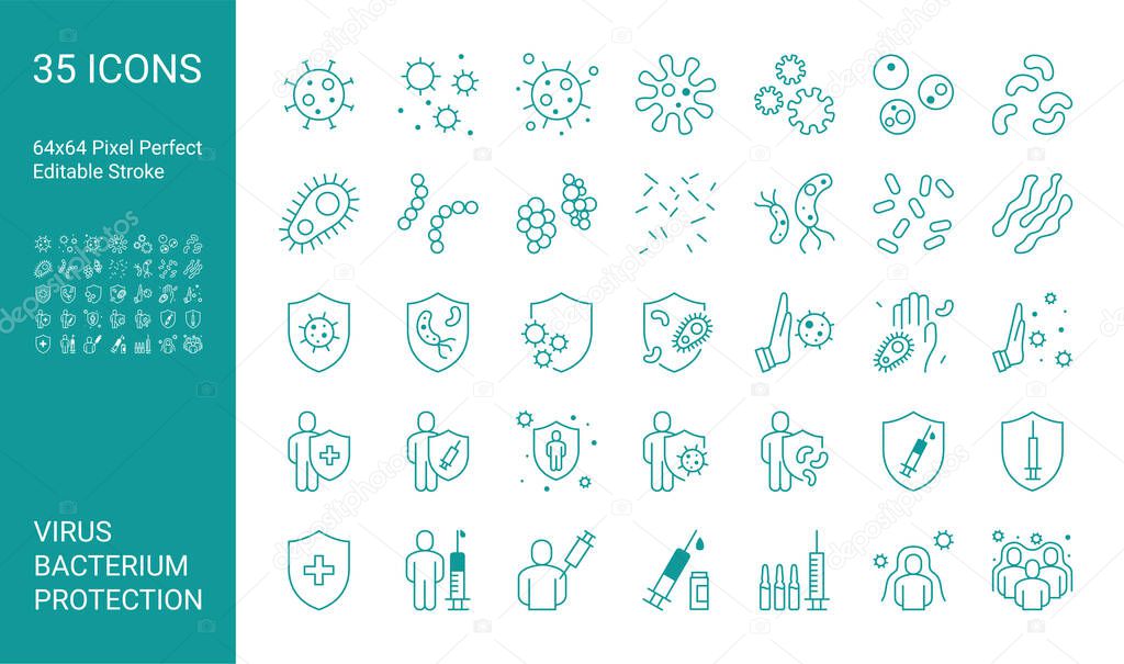 Set of thin line icon set with bacterium, virus, microbe and protection shield. 64x64 Pixel Perfect. Editable Stroke.