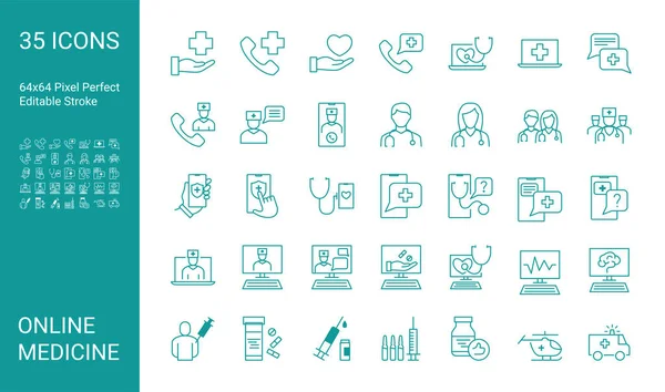 Conjunto de iconos de línea de consulta médica en línea. Médico en línea, medicina en línea. Carrera vectorial editable. 64x64 píxeles perfecto. — Vector de stock