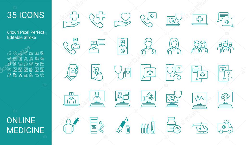 Set of line icons of online medical consultation. Online doctor, online medicine. Editable vector stroke. 64x64 Pixel Perfect.
