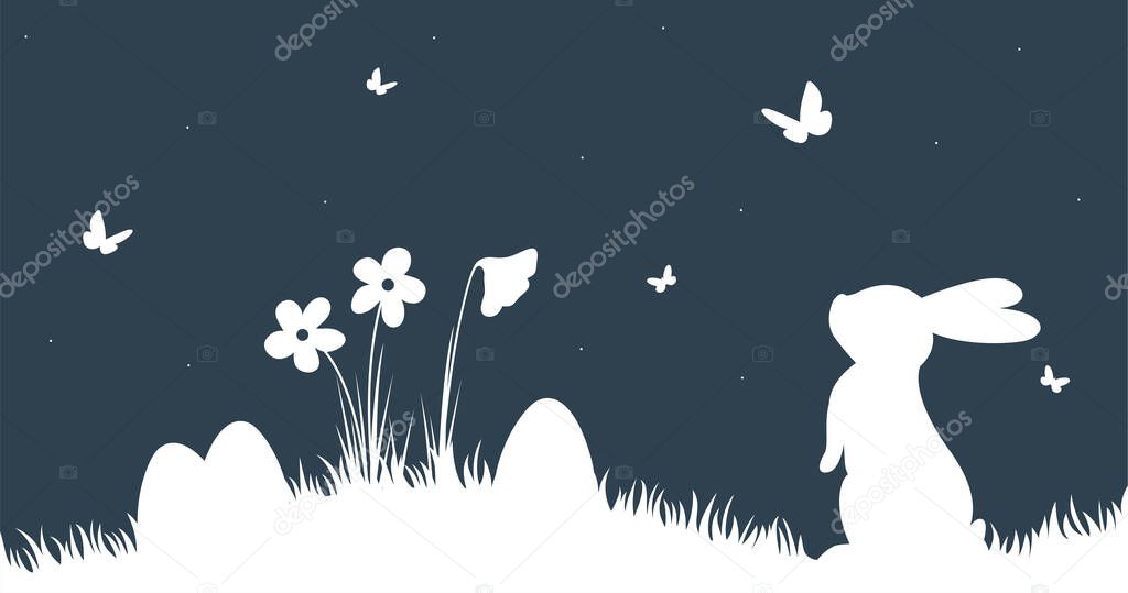 Easter Background with silhouette bunny and butterfly. Simple cute hand drawn Easter horizontal pattern with rabbit, flowers, easter eggs.