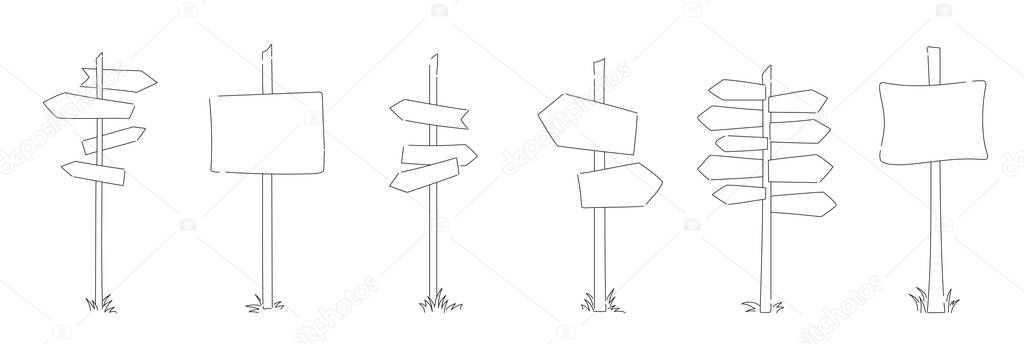 Wooden road signposts. Sketch illustration of road signs.
