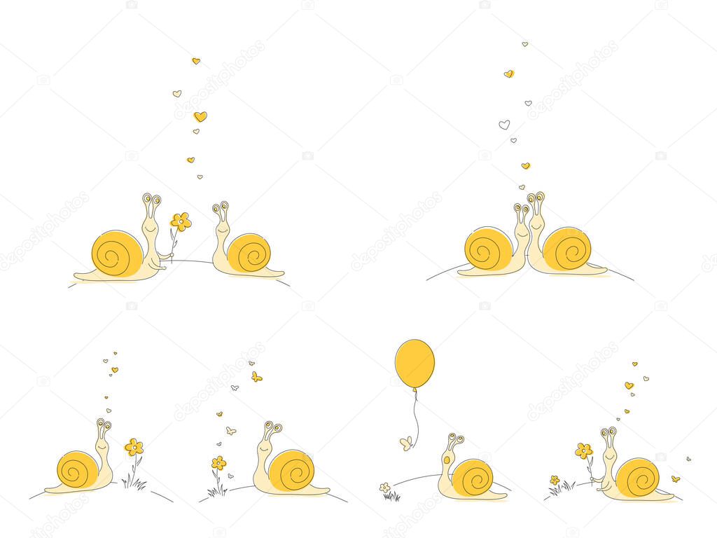 Set of emoji stickers with yellow snails in different mood. Doodle illustration.