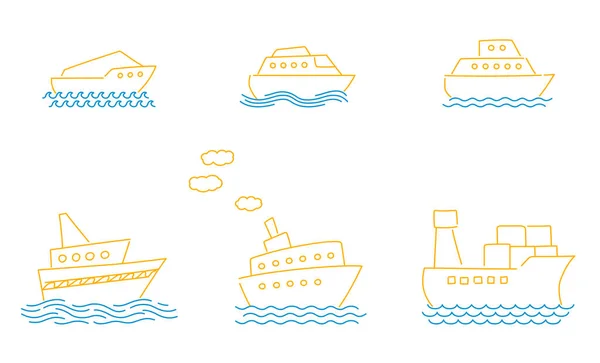 Conjunto de garabatos vectoriales con barcos y olas simples. — Vector de stock