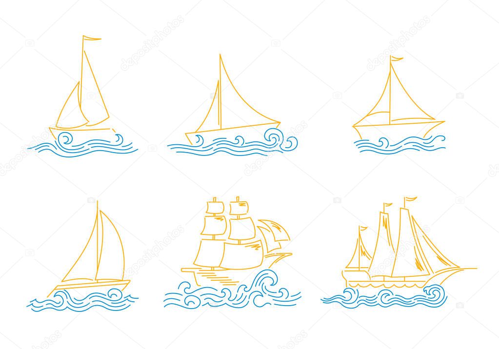 Vector doodle set with simple sailboats and waves.