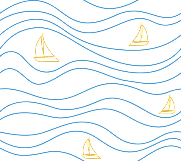 Patrón sin costuras bebé con veleros y olas. Fondo marino abstracto vectorial. Dibujo simple babys para textil. — Vector de stock