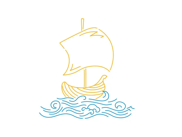 Vector simple velero con olas. Bosquejo mar y barco. — Vector de stock