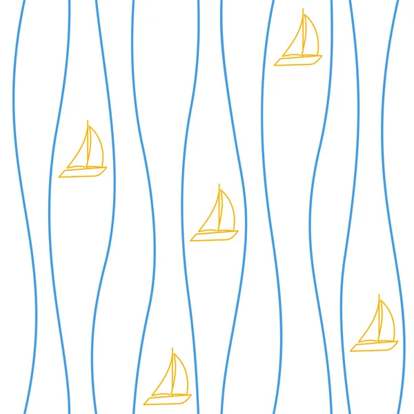 Patrón sin costura con veleros. Fondo marino abstracto vectorial con barcos y olas marinas. — Vector de stock
