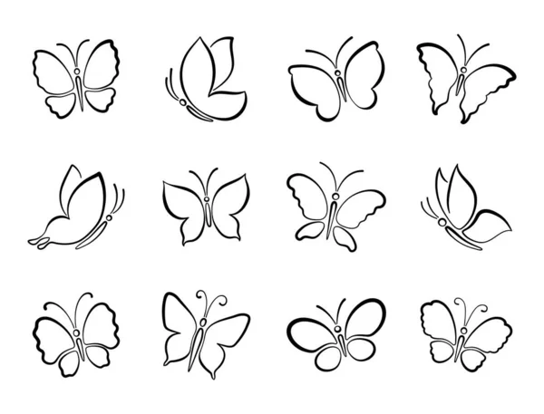 Conjunto de diferentes borboletas pretas contorna silhuetas para design. — Vetor de Stock