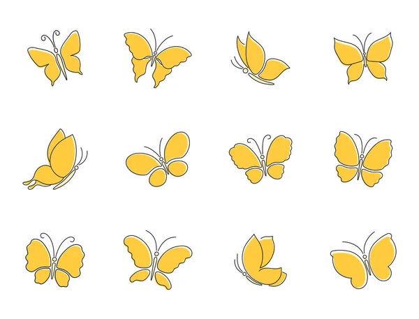 Set von einfachen gelben Schmetterlingen. Dünne glatte lineare grafische Elemente für das Design. — Stockvektor