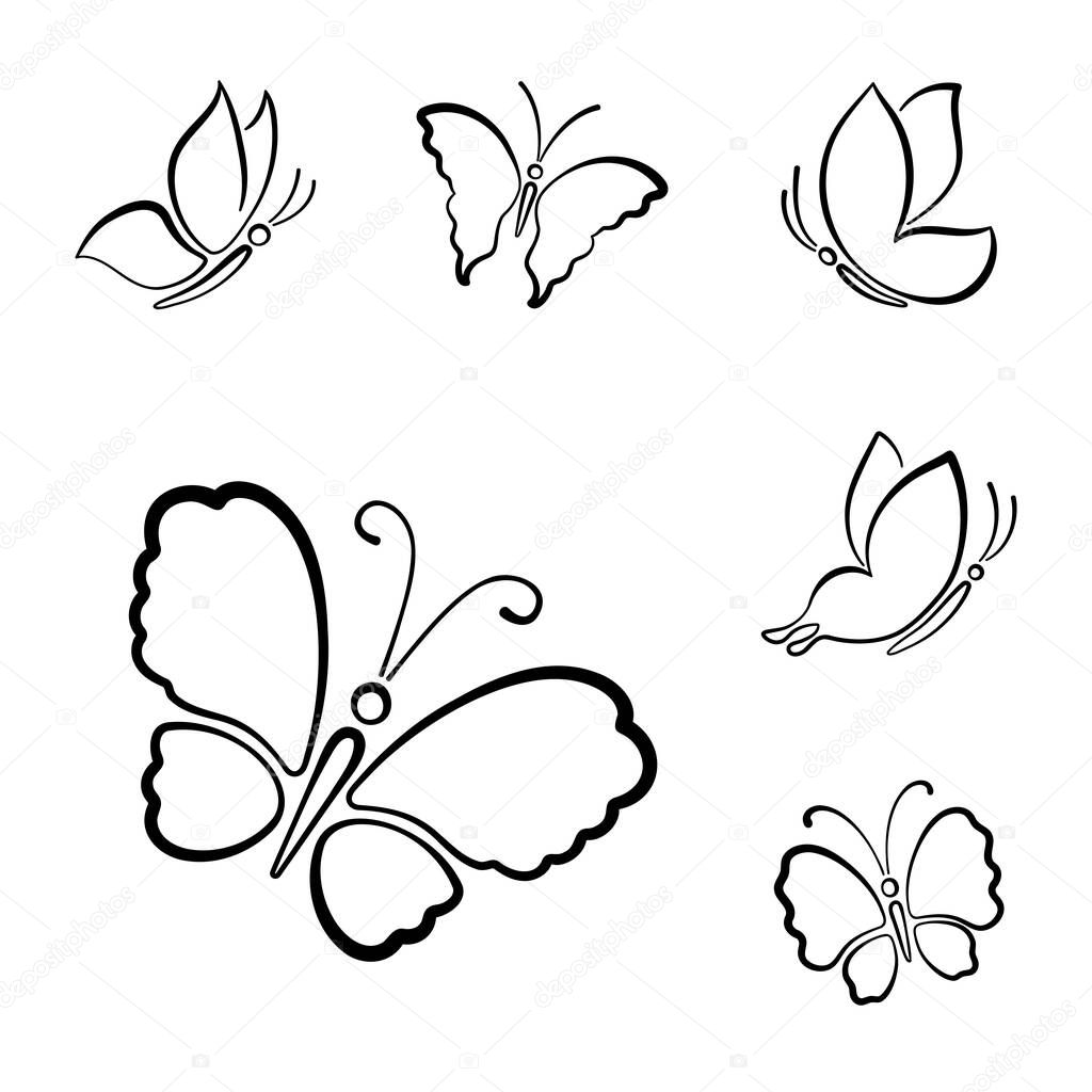 Different hand drawn outline silhouette of butterfly isolated on white background. Vector collection.