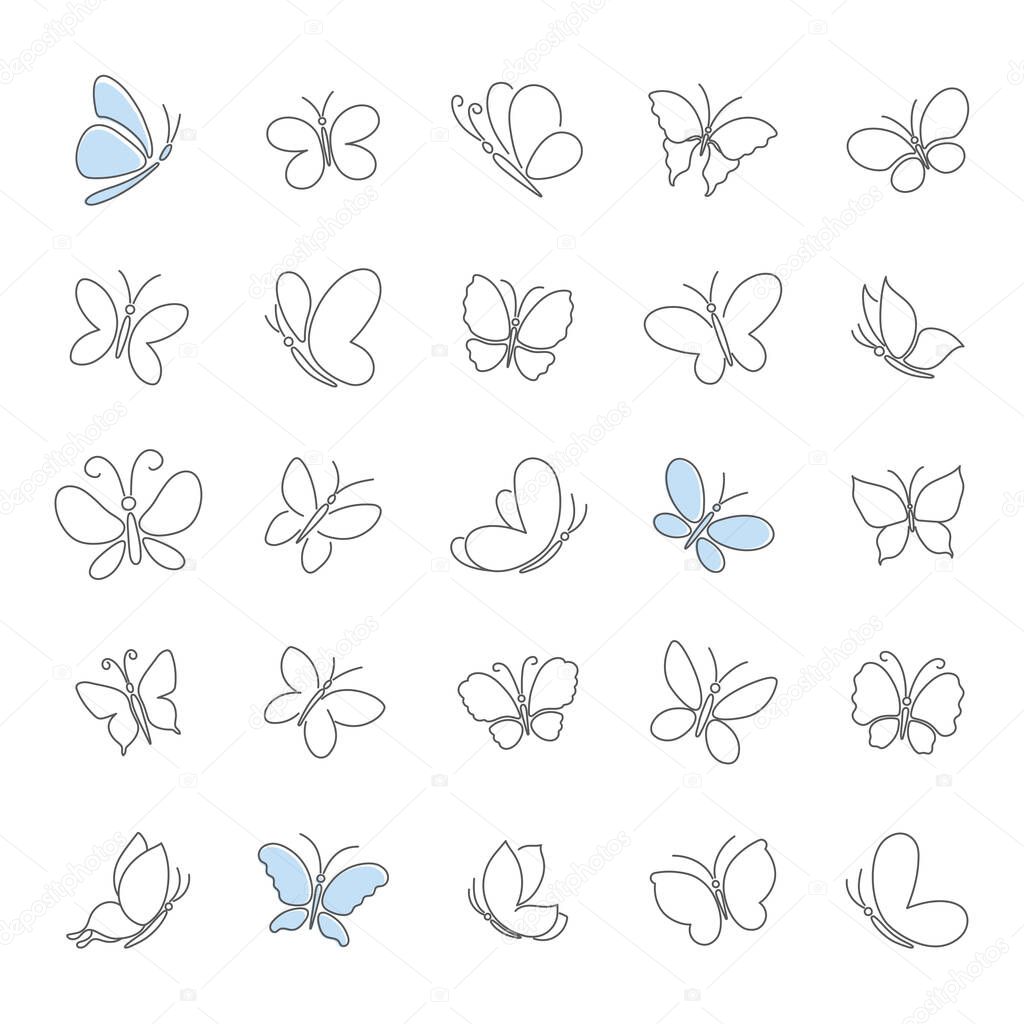 Vector set of contour butterfly. Simple butterfly outline icons.