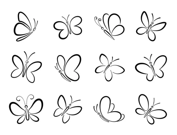 Set dari kupu-kupu hitam yang berbeda menguraikan siluet untuk desain. - Stok Vektor