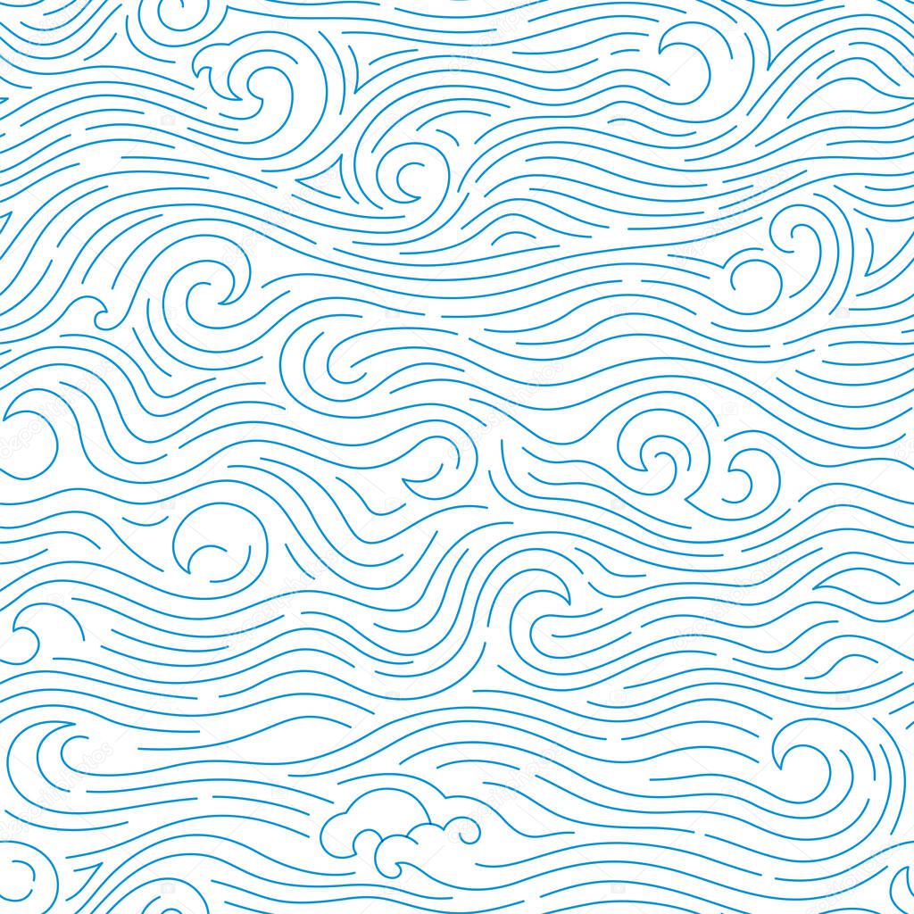 Vector ocean background with abstract waves. Seamless pattern with simple doodle blue sea.