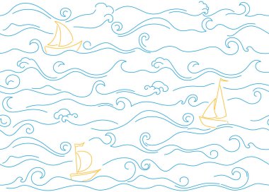 Gemilerle okyanus sörfü dalgalarının kusursuz bir örneği. Mavi dalgalı ve yelkenli arka plan çizimi. Kumaş, çocuk kıyafetleri, tekstil ve ambalaj kağıtları için şirin deniz deseni..