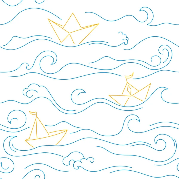 Boceto de fondo con ondas azules y barcos de papel. Ilustración sin costuras del patrón de olas oceánicas. — Vector de stock