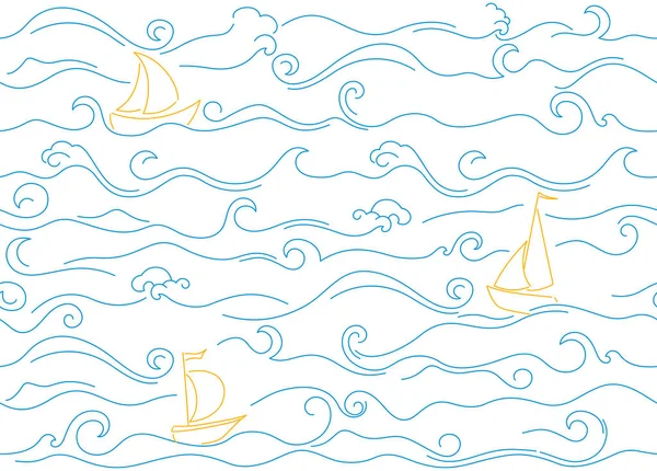 Ilustración de patrón sin costuras de oleaje oceánico con barcos. Bosquejo de fondo con olas azules y velero. Patrón marino lindo para la tela, ropa de los niños, textil, papel de embalaje. — Vector de stock