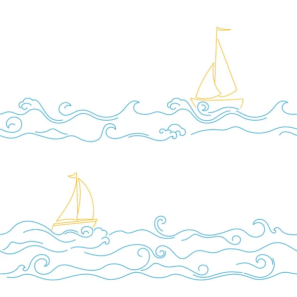 Patrón náutico sin costura. Océano ola garabato con veleros. — Vector de stock