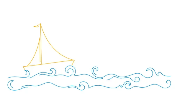 Velero simple con olas azules. — Vector de stock