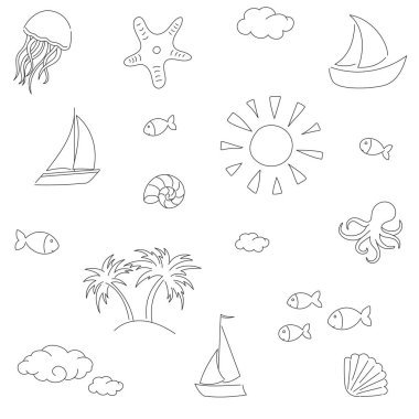 Deniz yaz elementleriyle kusursuz çizim. Doodle tarzı.