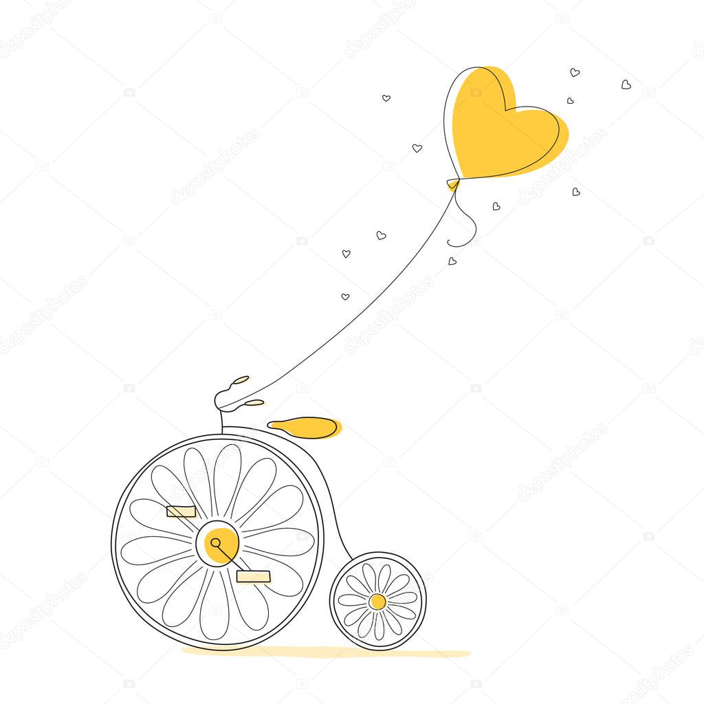 Vintage bicycle with chamomile wheels and heart-shaped balloon.