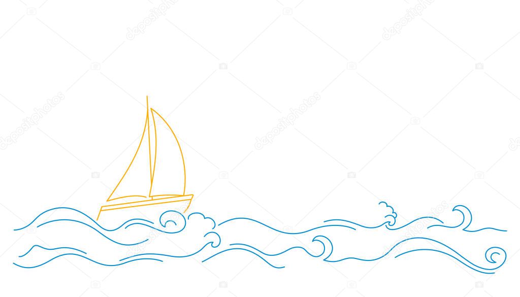 Yacht in the sea doodle style. Vector illustration.