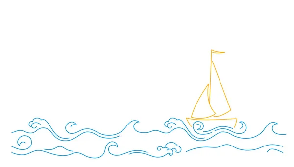 Ilustración con olas azules y velero. — Vector de stock