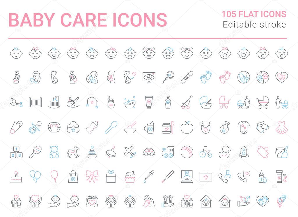 Baby care and safety big icon set. Editable vector stroke. 64x64 Pixel Perfect.