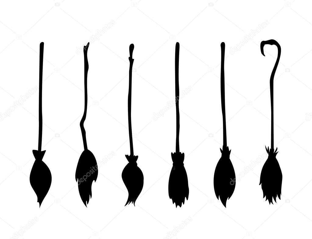 Witches broomsticks. Set of different brooms.