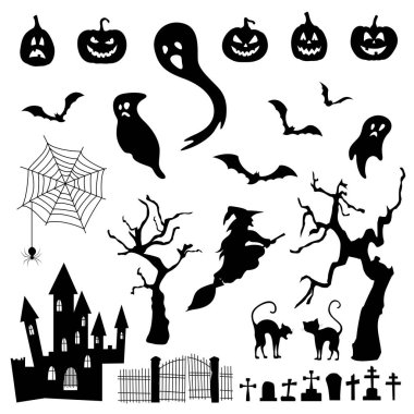 Cadılar Bayramı için bir takım elementler. Siyah siluet koleksiyonu.