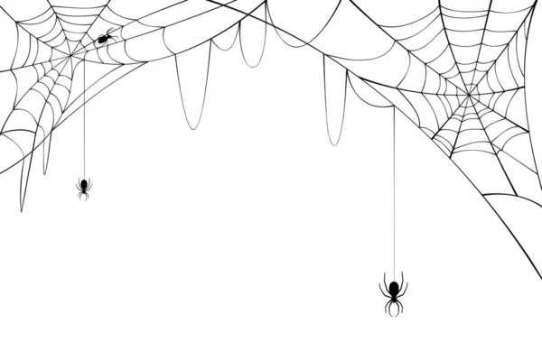 Aranhas negras com teia rasgada. Teia de aranha assustadora para Halloween. — Vetor de Stock