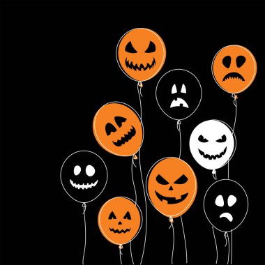 Ürkütücü yüzlü balonlar. Siyah ve turuncu cadılar bayramı arka planı.