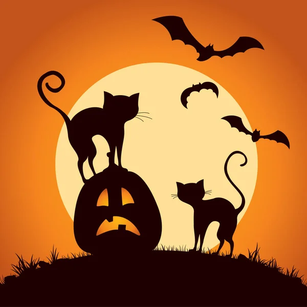 La silhouette di due gatti e una zucca sullo sfondo di una luna piena. Carta di Halloween. — Vettoriale Stock