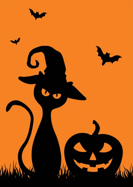 Zucca e gatto spaventoso nel cappello. Biglietto di auguri di Halloween. — Vettoriale Stock