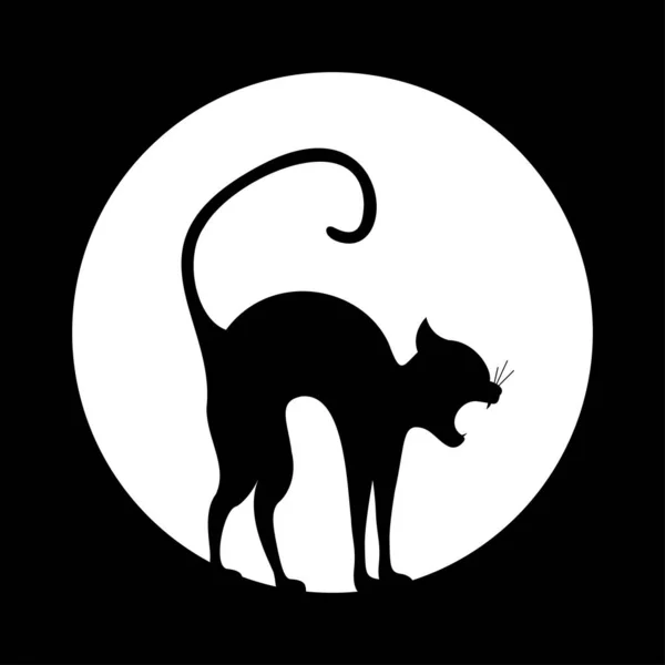 Spaventoso halloween gatto silhouette sopra la luna piena. — Vettoriale Stock